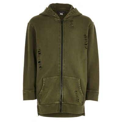 Boys khaki green distressed zip up hoodie